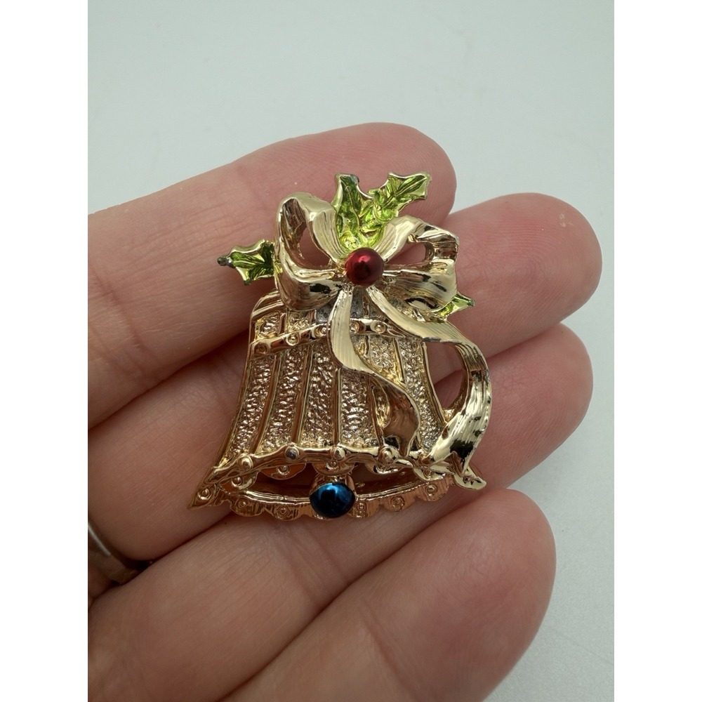 Vintage Steven Marc 1987‎ Holiday Bell Motif Brooch Enamel Gold Tone 1.5"